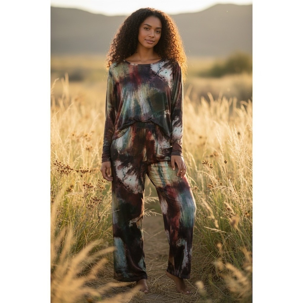 Beyond This Plane Pajama Set Womens L Multicolor Tie-Dye Top Wide Leg Pants boho